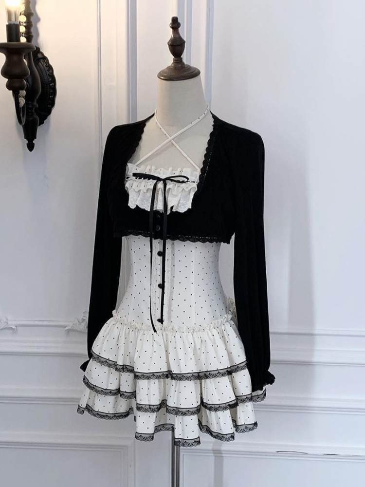 Elastic Lace Trim - Conjunto Feminino Coquette Coreano Doce: Vestido